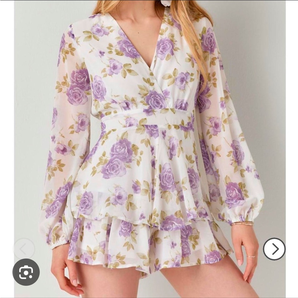 Francesca’s x Audrey Parks Long Sleeve Romper - White with Purple Floral Pattern